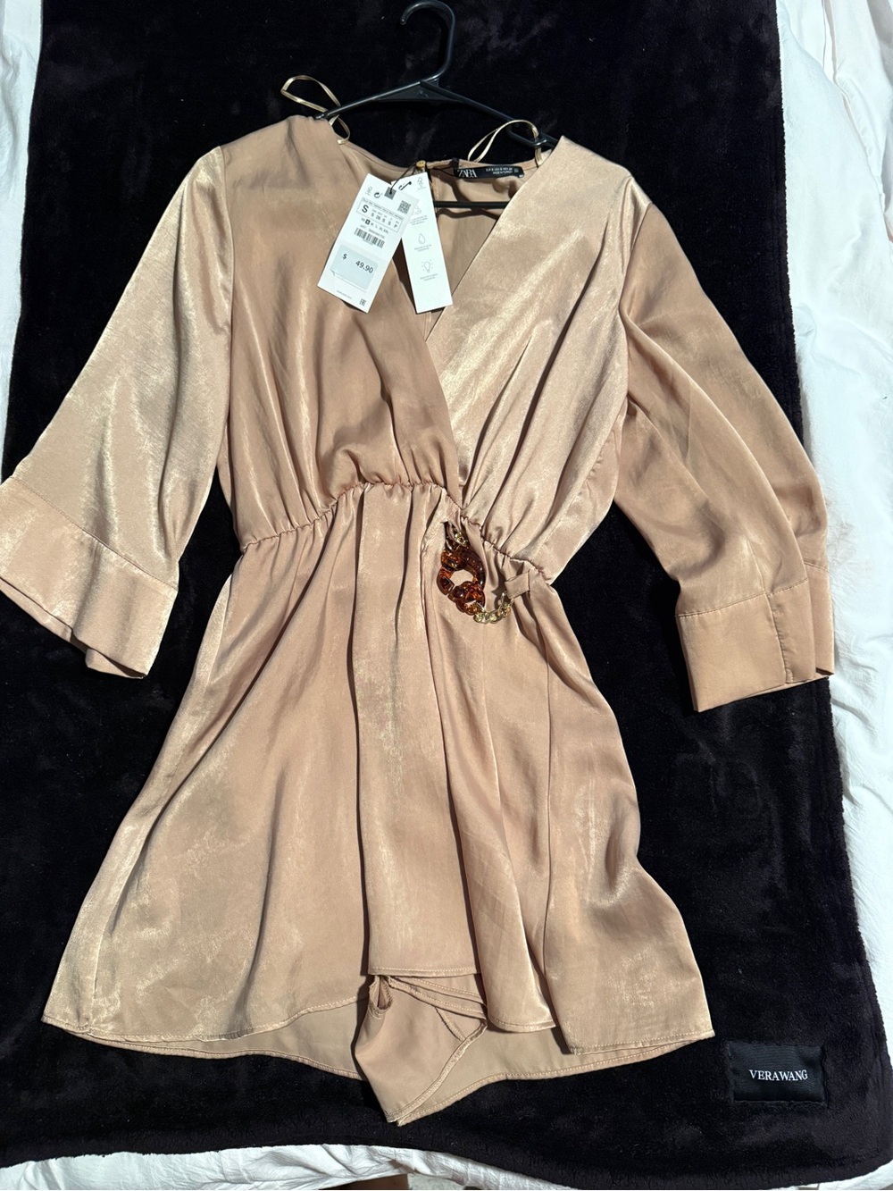 Zara Blush Tan Satin Mini Dress with Waist Detail
